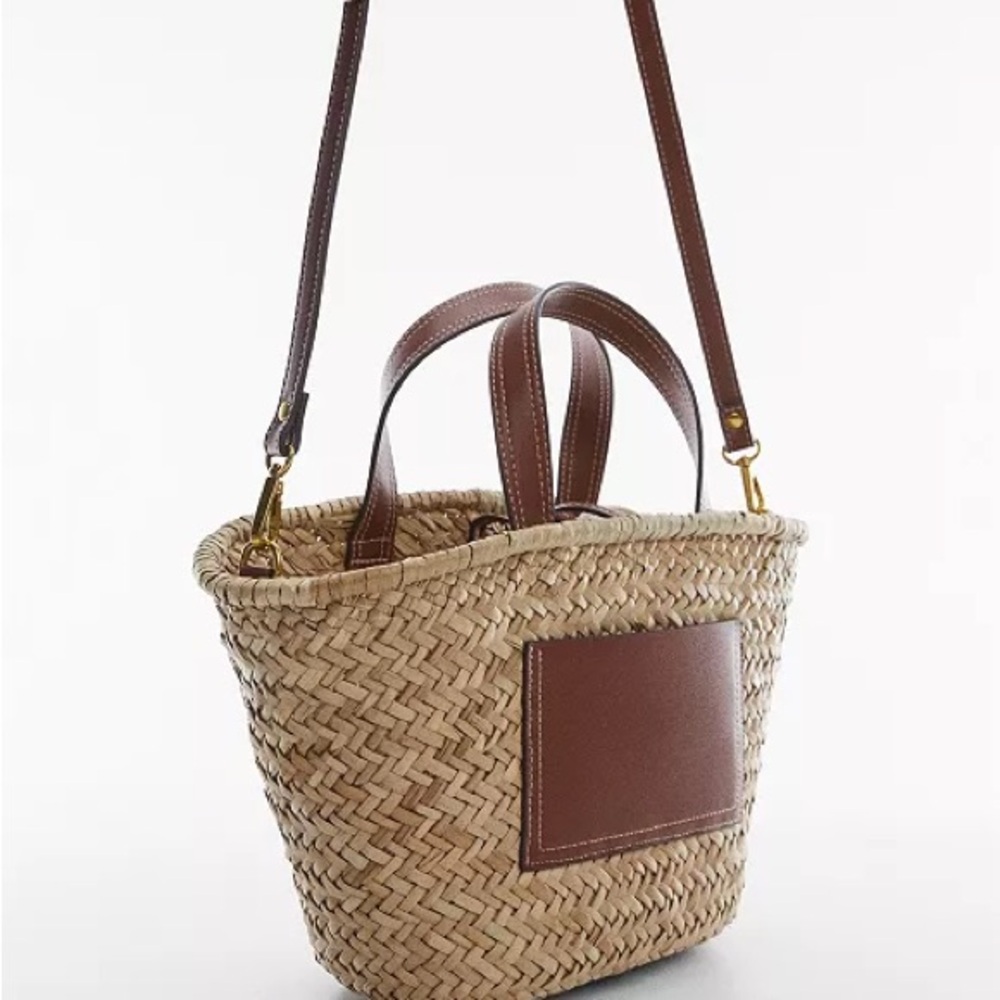 Mango Natural Straw Tote with Brown Leather Accents